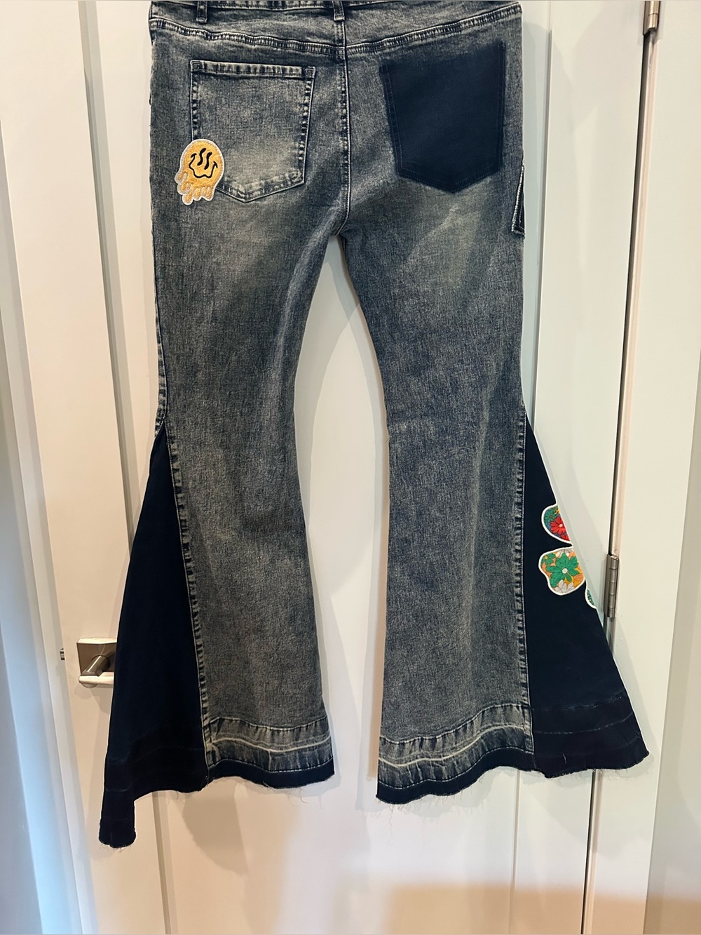 Dolls Kill Black-Grey Patchwork Flare Jeans with Colorful Appliqués NWT size XL - Picture 6 of 12